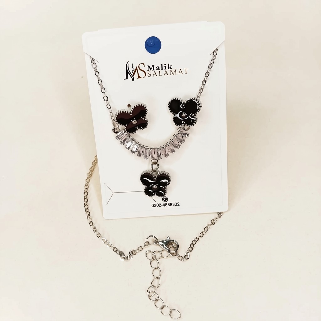 Silver-Tone Black Floral Crystal Necklace & Stud Earrings Set