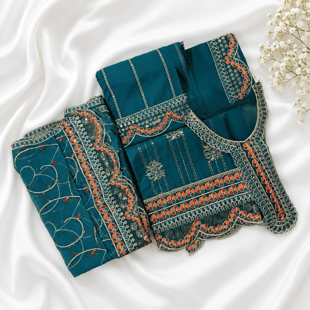 Teal Cotton Embroidered 3 Piece Suit for Women | Unstitched Lawn Cotton Dress