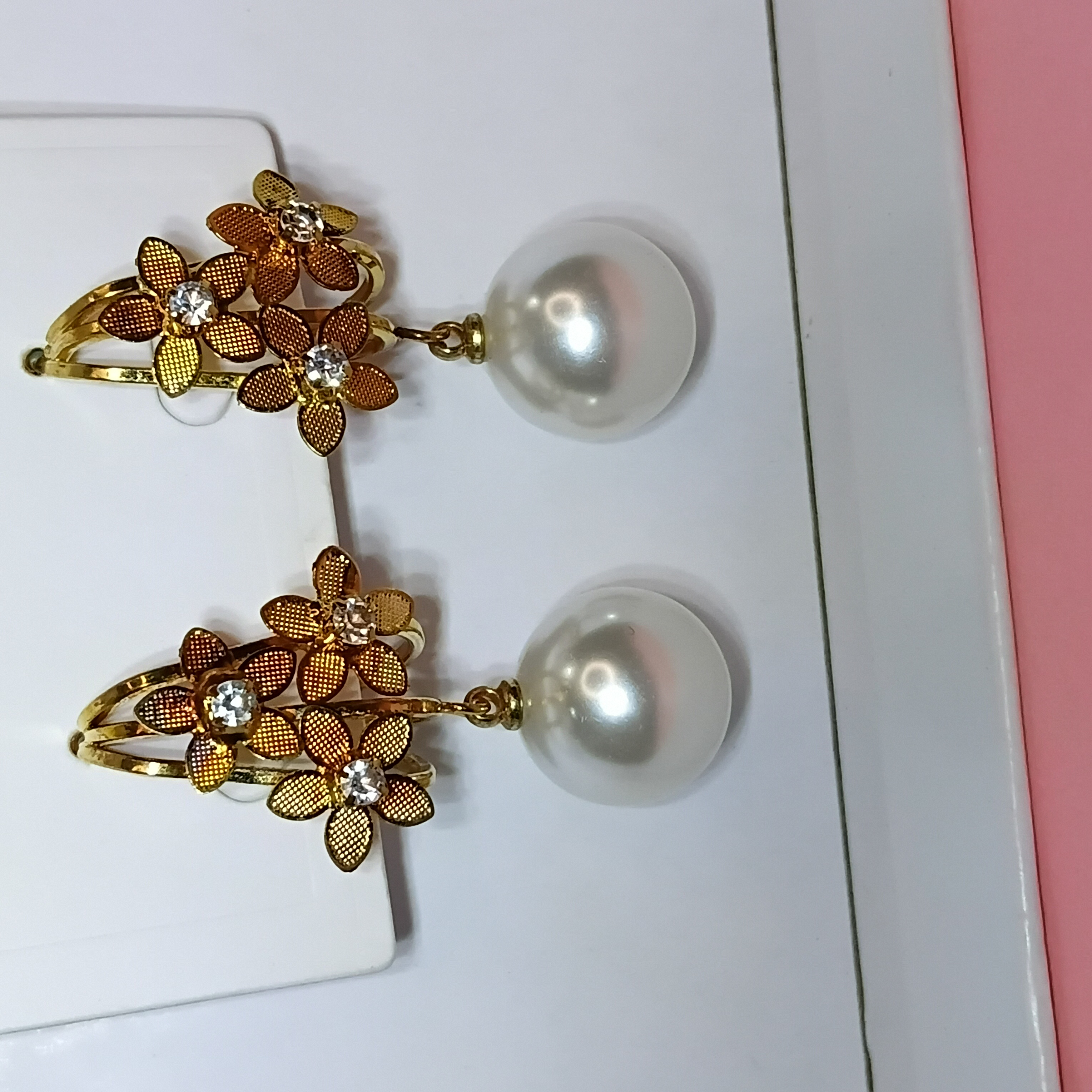 Elegant Triple Flower Drop Earrings with Hanging White Pearl Beads | Floral Pearl Fashion Jewelry