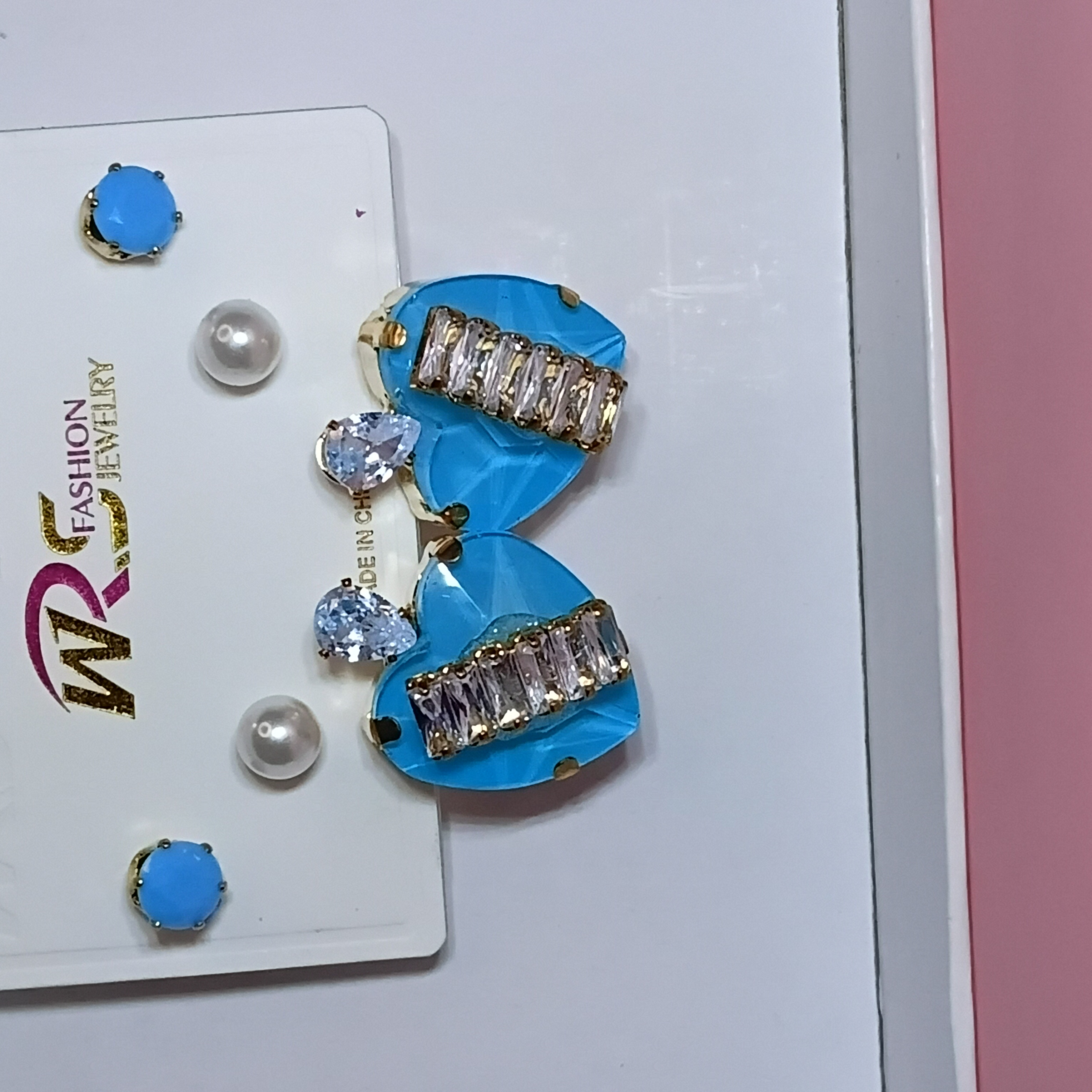 WRS Fashion Jewelry 3-Pair Earring Set | Sky Blue Heart Dangles, Pearl & Turquoise Studs Combo