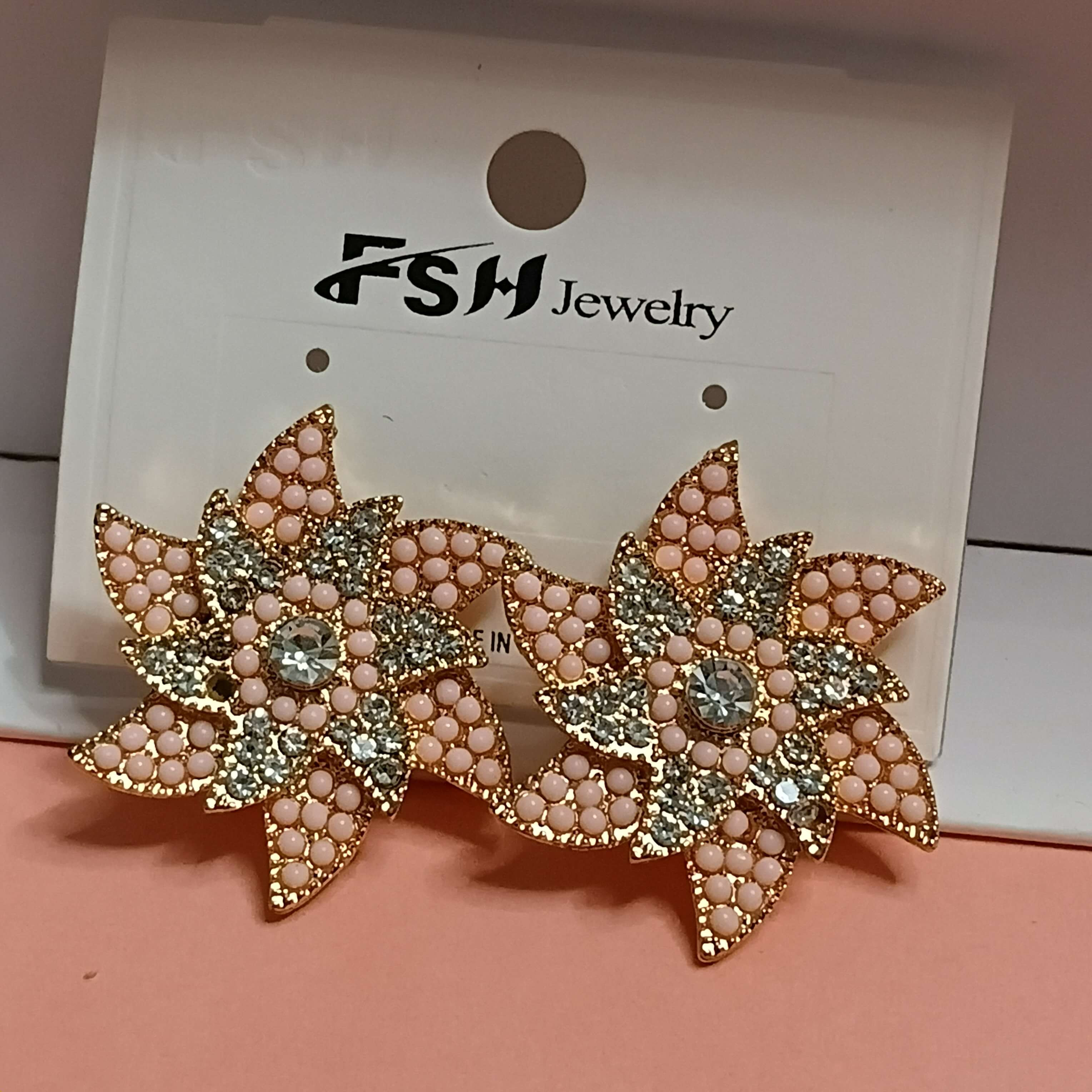 FSH Elegant Gold-Tone Starburst Stud Earrings with Pink Beads & Crystals | Star Shaped Fashion Jewellery