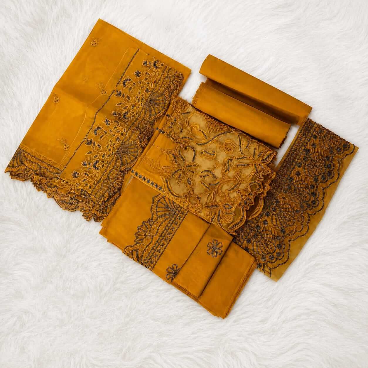 Mustard Yellow Embroidered Cotton 3 Piece Unstitched Suit for Women | LibasPearl