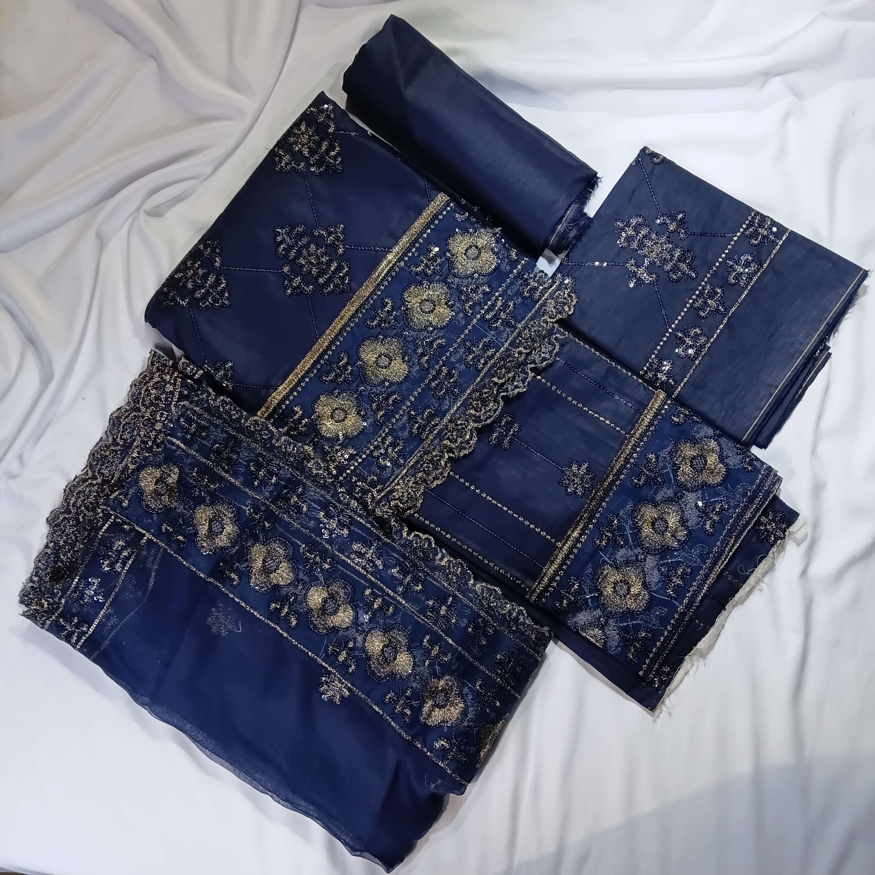 Navy Blue Cotton 3 Piece Embroidered Suit with Floral Design