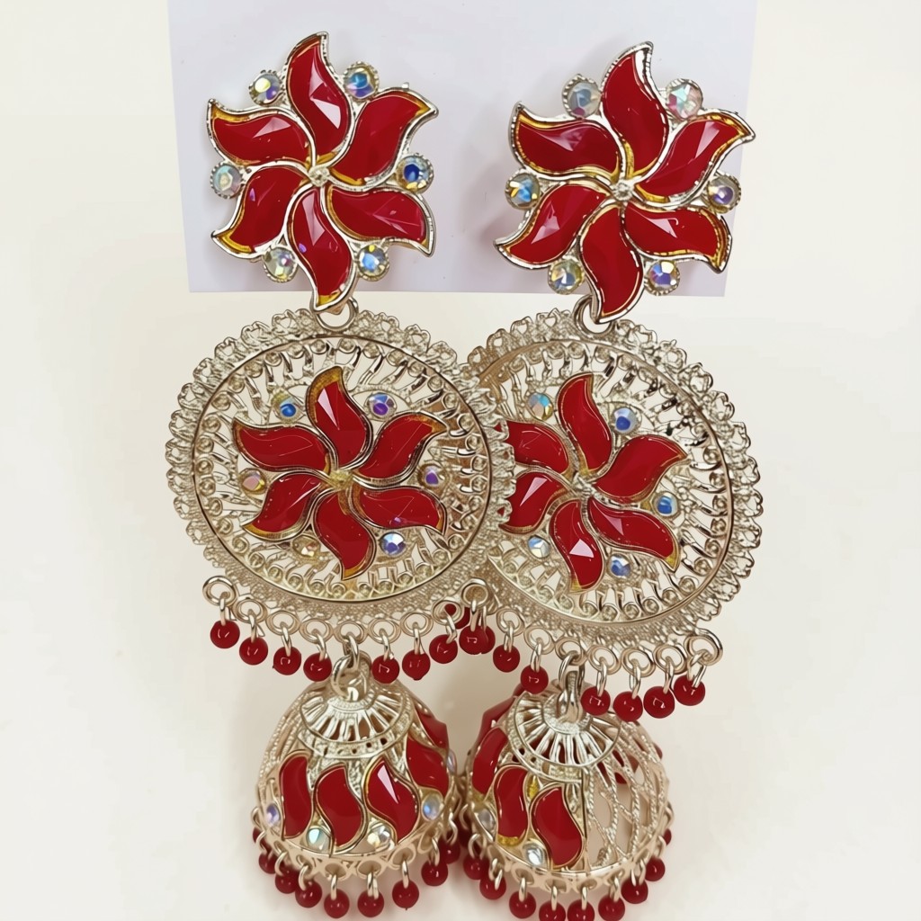Silver-Tone Red Floral Jhumka Earrings with Crystal Accents