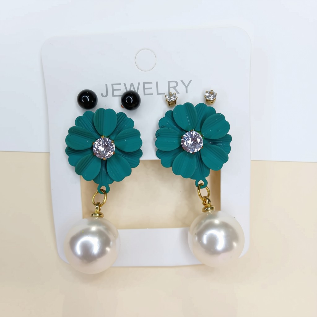 Green Floral Pearl Drop Earrings for Women