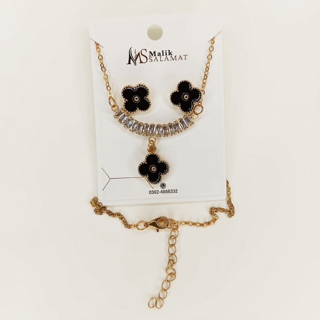 Black Floral Crystal Pendant Necklace & Stud Earrings Set