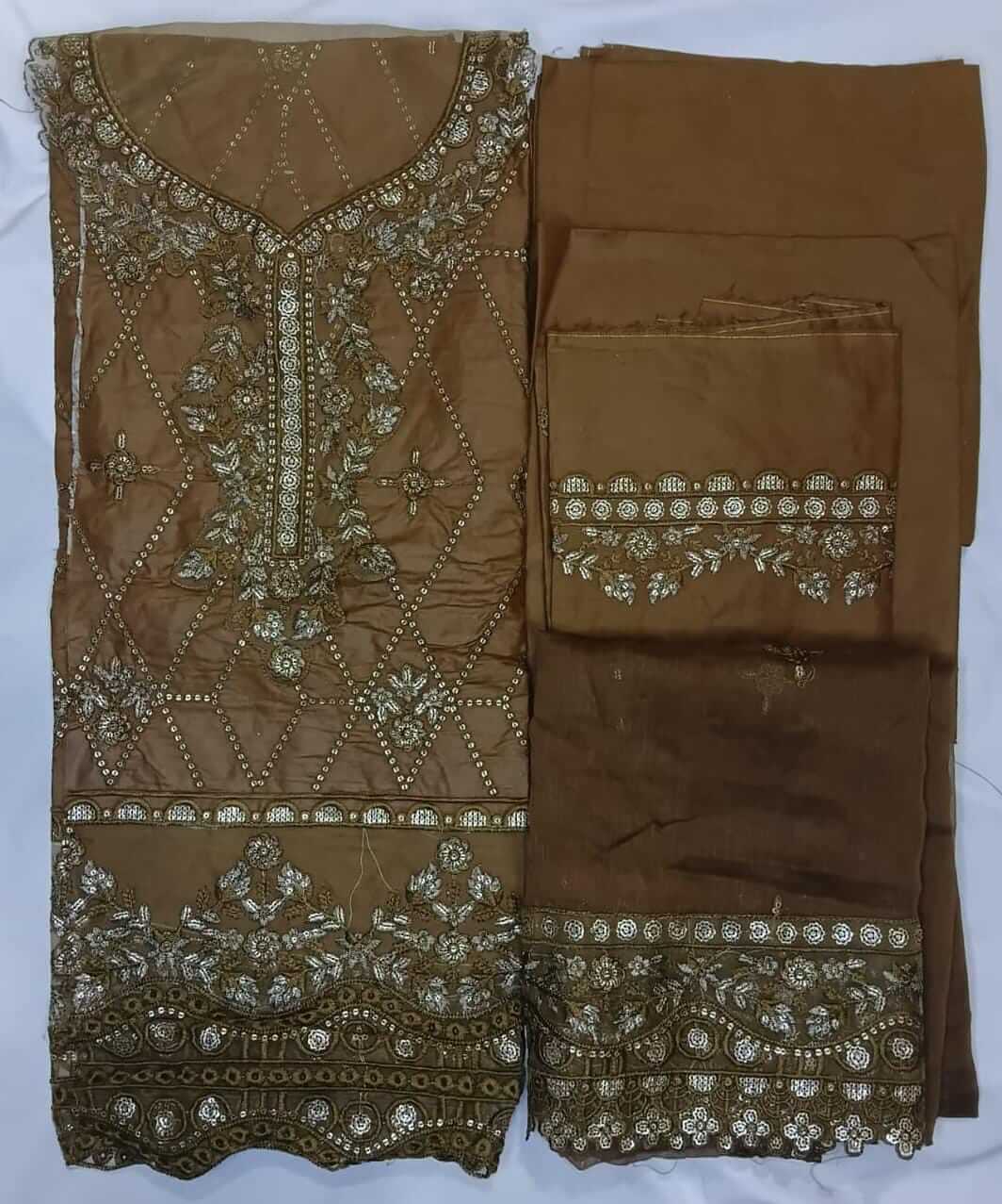 Bronze Brown 3 Piece Light Embroidered Cotton Suit for Women | Premium Unstitched Dress